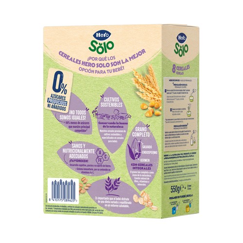 HERO Solo Papilla de 8 cereales ecológicos para bebés a partir de 6 meses 550 g.