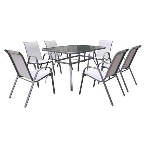 Conjunto 7 piezas con mesa y 6 sillas de acero color blanco/gris, Elia KACTUS REPUBLIC.