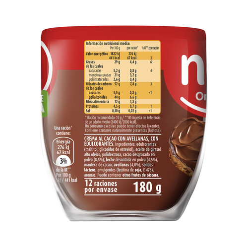 NOCILLA Crema de cacao con avellanas 0% sin azúcares añadidos, sin aceite de palma en envase de vidrio reutilizable 180 g.