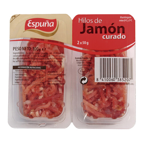 ESPUÑA Jamón curado cortado en hilos y elaborado sin gluten ESPUÑA 2 x 50 g.