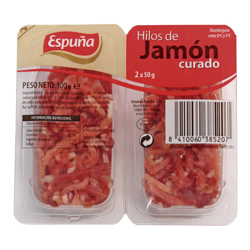 Jamón curado cortado en hilos y elaborado sin gluten ESPUÑA 2 x 50 g.
