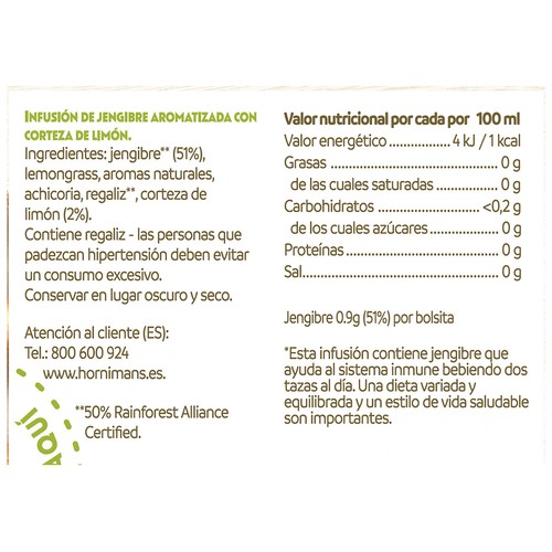 HORNIMANS Bienestar Infusión bienestar de jengibre  y limón  26 g.