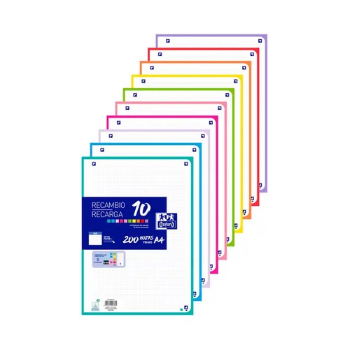 Recambio A4 Cuadrícula 5x5 200 hojas 90g con 10 bandas de color. OXFORD