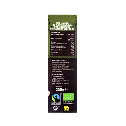 INTERMÓN OXFAM Café molido ecológico INTERMÓN OXFAM 250 g.